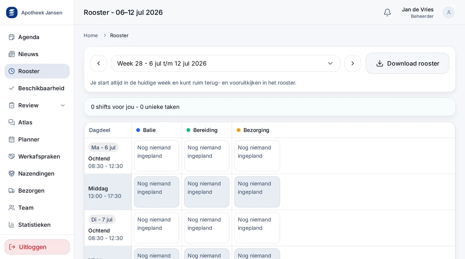 Rooster en planning scherm