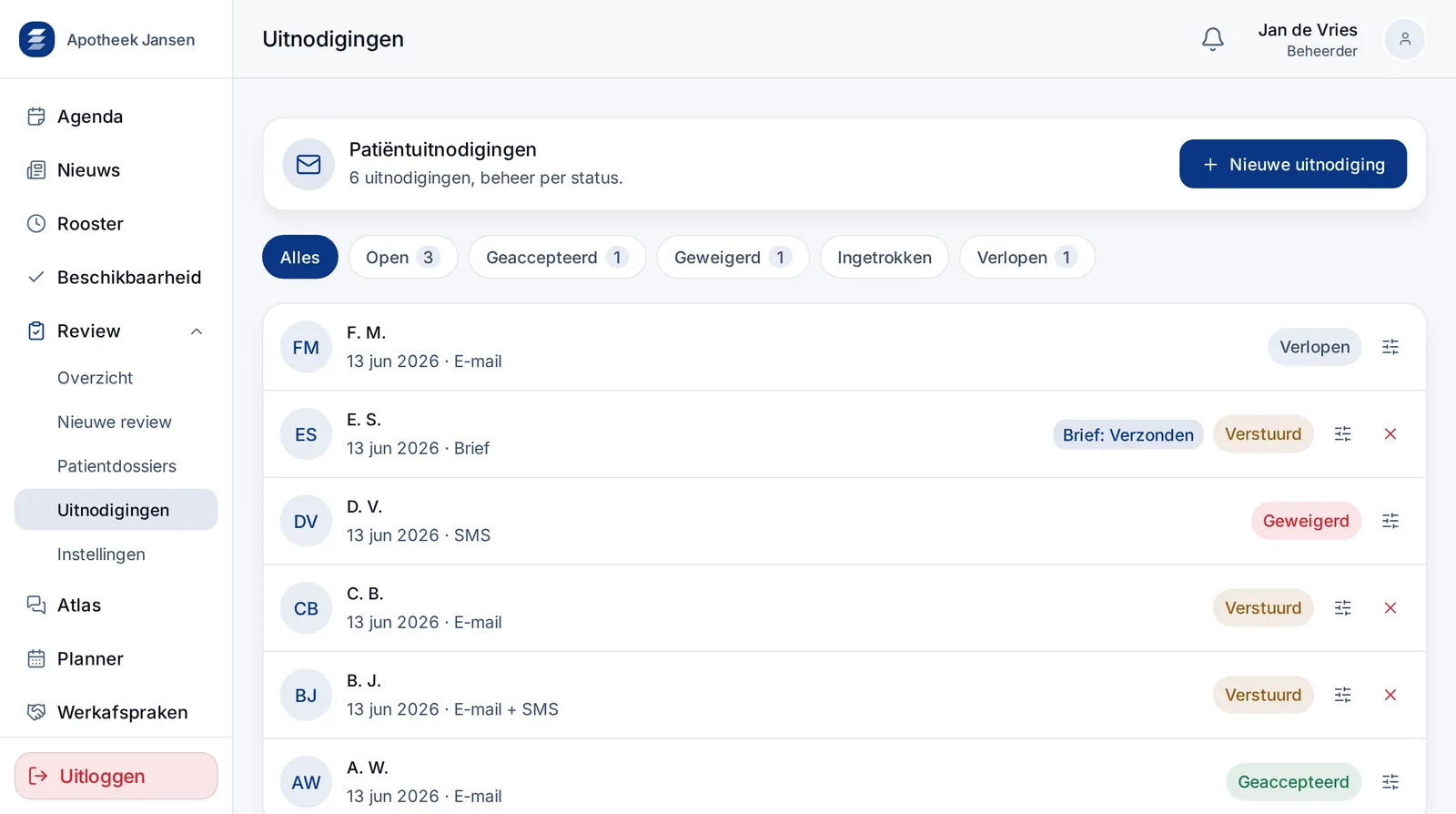 Patiëntuitnodigingen scherm