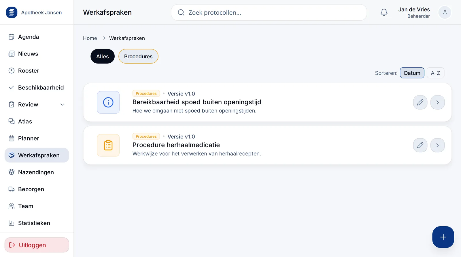 Nieuws en Werkafspraken scherm